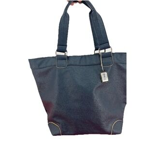 Umberto Bossi Womens Tote Bag Large Navy Blue Faux Leather Gold Hardware Classic